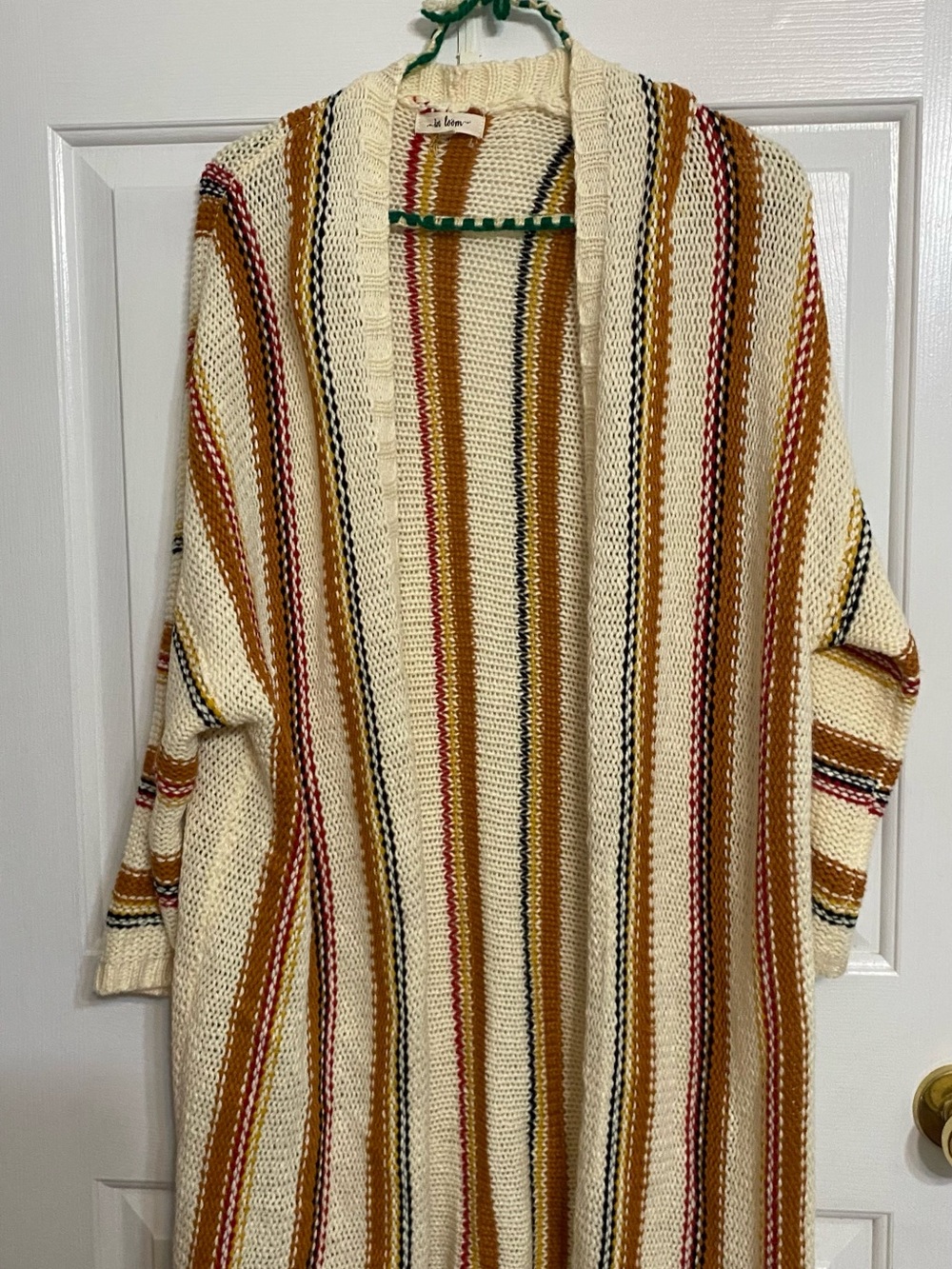 Striped Cream Open-Front Knit Cardigan with Mustard & Red Accents